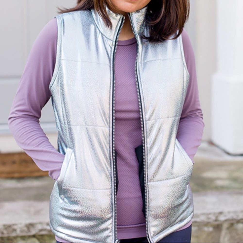 Peach Medium Silver Black Holographic Sparkle Aurora Reversible Puffer Vest